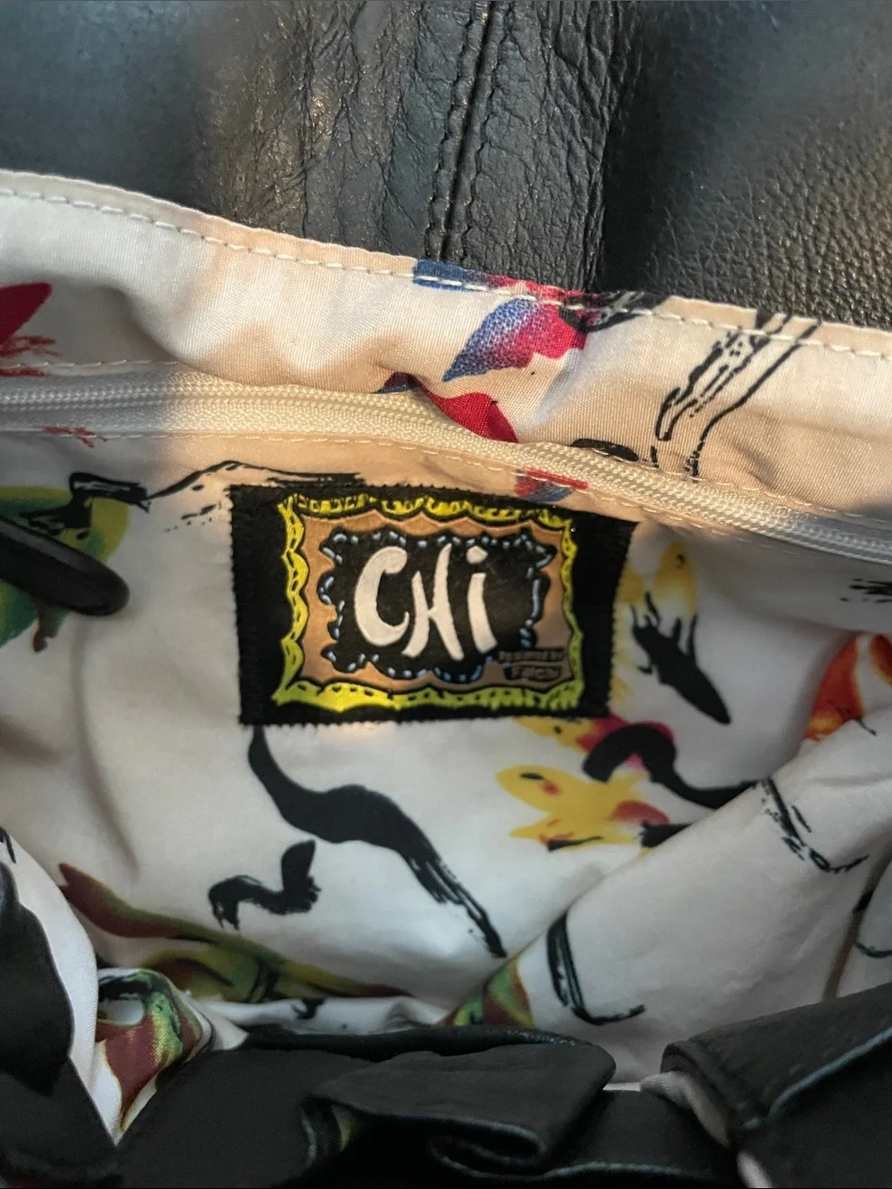 Chi by Carlos Falchi Black Leather Shoulder Bag with Silver Snake-Print Flap